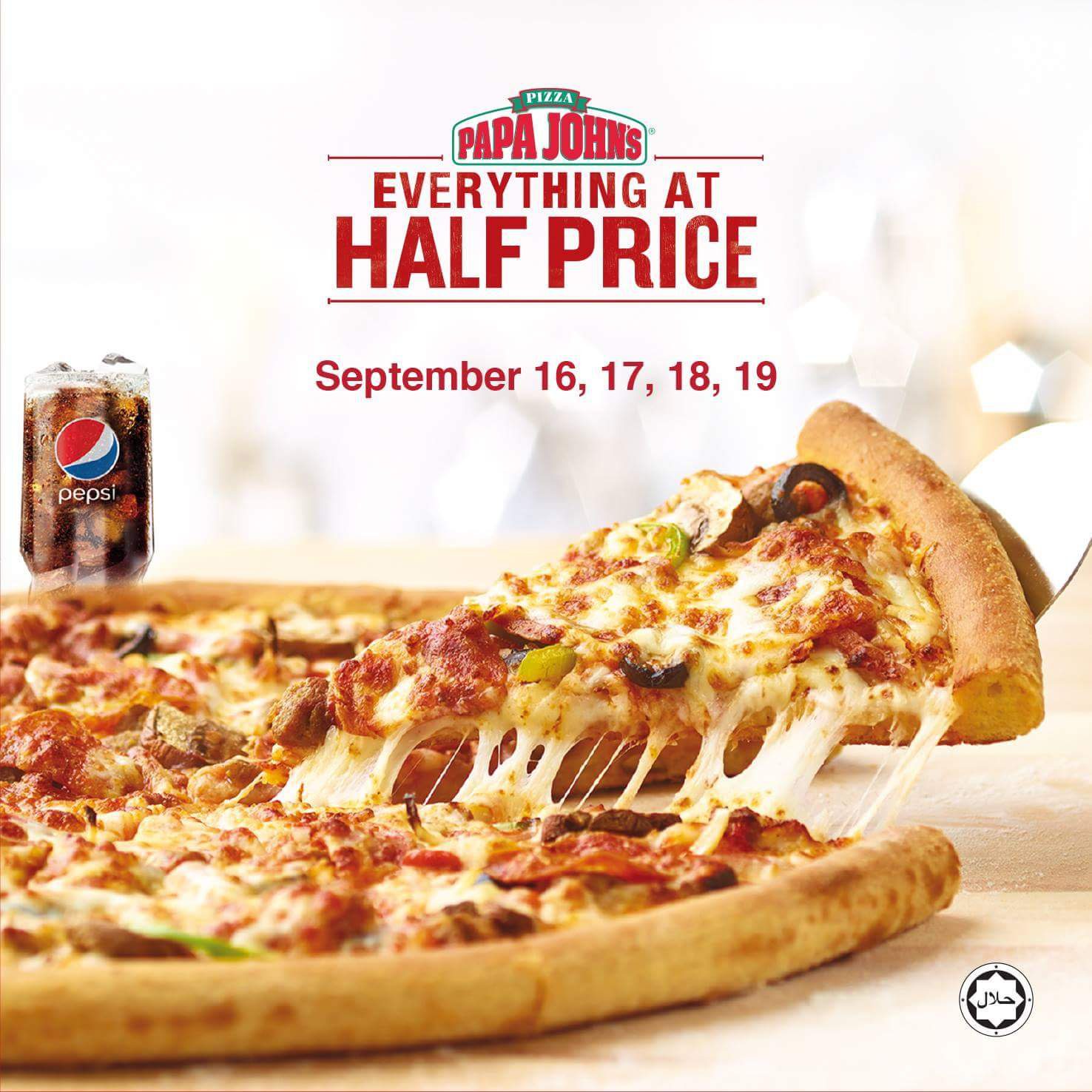 EVERYTHING AT HALF PRICE is back. ?  get 50% OFF anything you order except discounted combo meals.  #PapaJohnsPizza