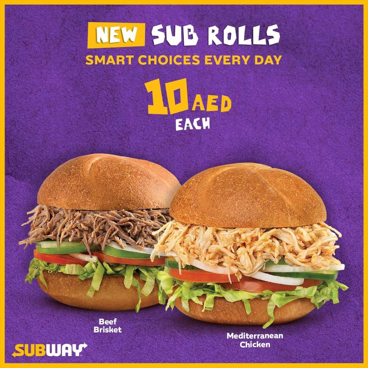 FB IMG 1537078241887 Don’t miss delicious new Sub Rolls Mediterranean Chicken or Beef Brisket for just 10 AED each, available for a limited time only! Subway