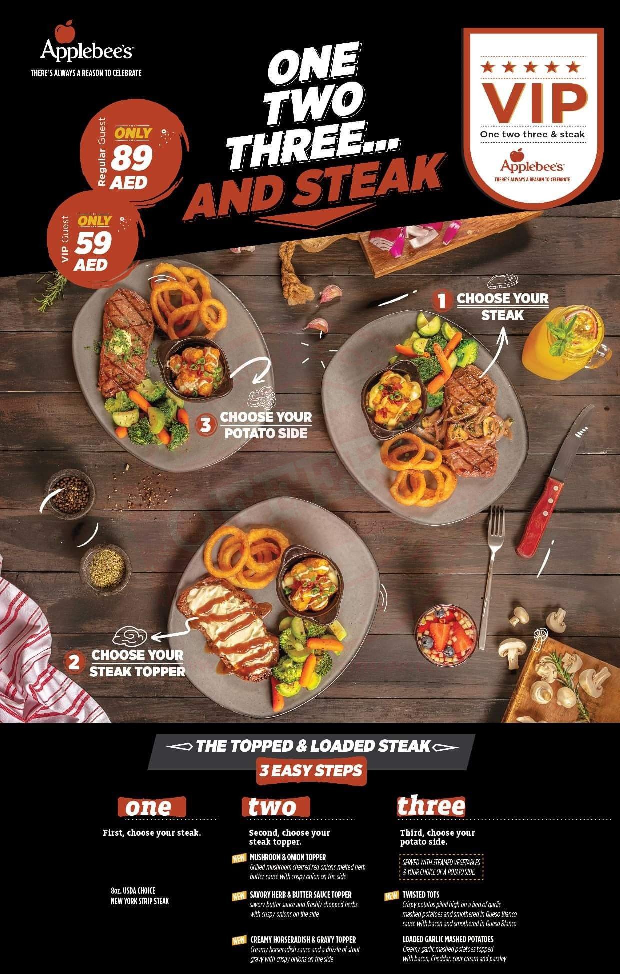 Steak, choice of steak topper and choice of potato side only at AED 59 at Applebee’s