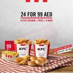24 pcs bucket, family fries and 6 buns for 99 AED only! Order now at KFC