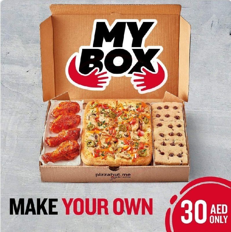 screenshot 20210802 113525 facebook5060049311101548987 Have your choice of pizza, crust, sides and dessert with the My Box. Now for only 30 AED at Pizza Hut.