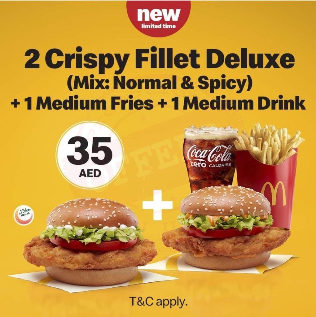 screenshot 20210831 120407 facebook7423011713173304139 Enjoy 1 Crispy Fillet Deluxe & 1 Spicy Crispy Fillet Deluxe Sandwich with Fries & Drink at McDonald at just AED 35 only.