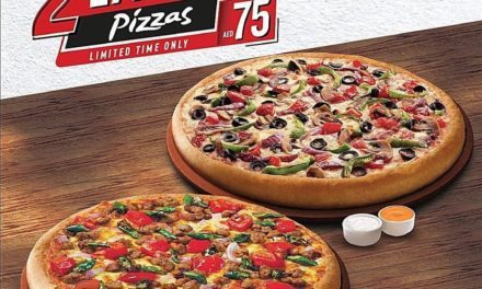 Enjoy 2 Large Pizzas + 2 Dips for only AED 75. Pizza Hut
