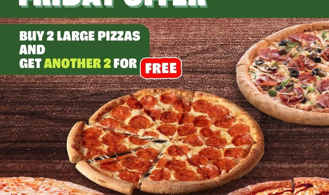 Looking for the perfect family meal this Friday? Buy any 2 large pizzas and get another 2 for FREE!