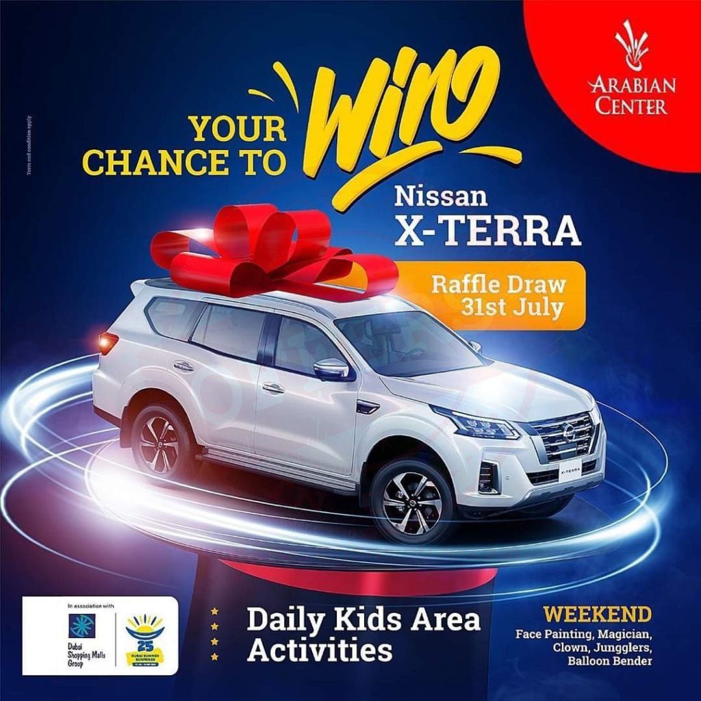 fb img 16591607440764316284064312853460 Shopping with AED 100 or more to win a Nessan X-Terra, Double your chance of winning by visiting Arabian Center and doing your summer shopping.