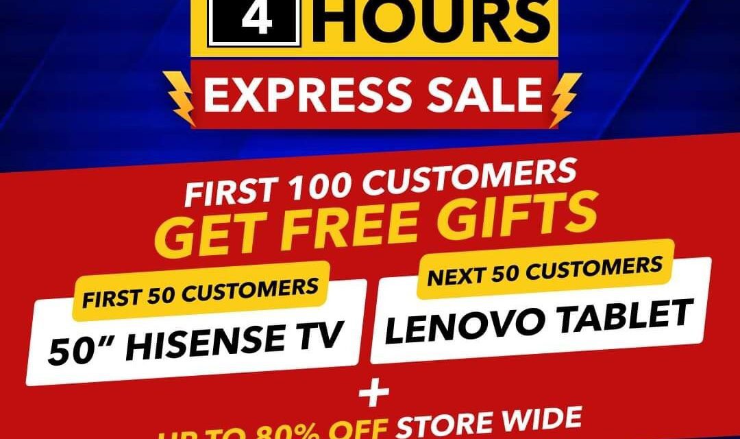 First 100 shoppers get FREE 50″ Hisense Televisions and Lenovo Tablets. And enjoy up to 80% off at Sharaf DG!