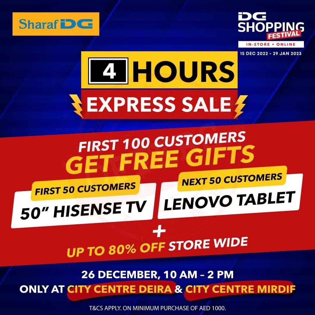 fb img 16719720698851006166619425409891 First 100 shoppers get FREE 50" Hisense Televisions and Lenovo Tablets. And enjoy up to 80% off at Sharaf DG!